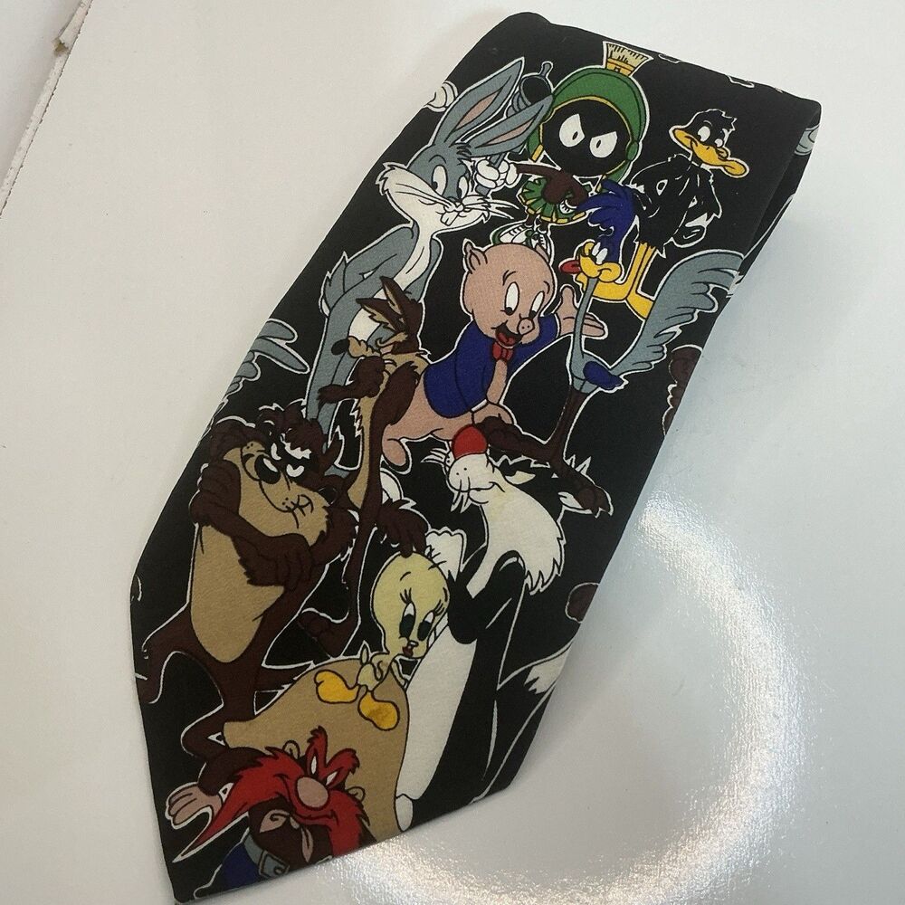 Looney Tunes Necktie Men’s OS Black Cartoon Characters Vintage 1990s